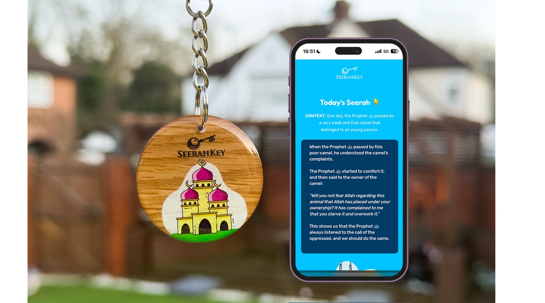 SeerahKey next to a phone displaying a daily Seerah story