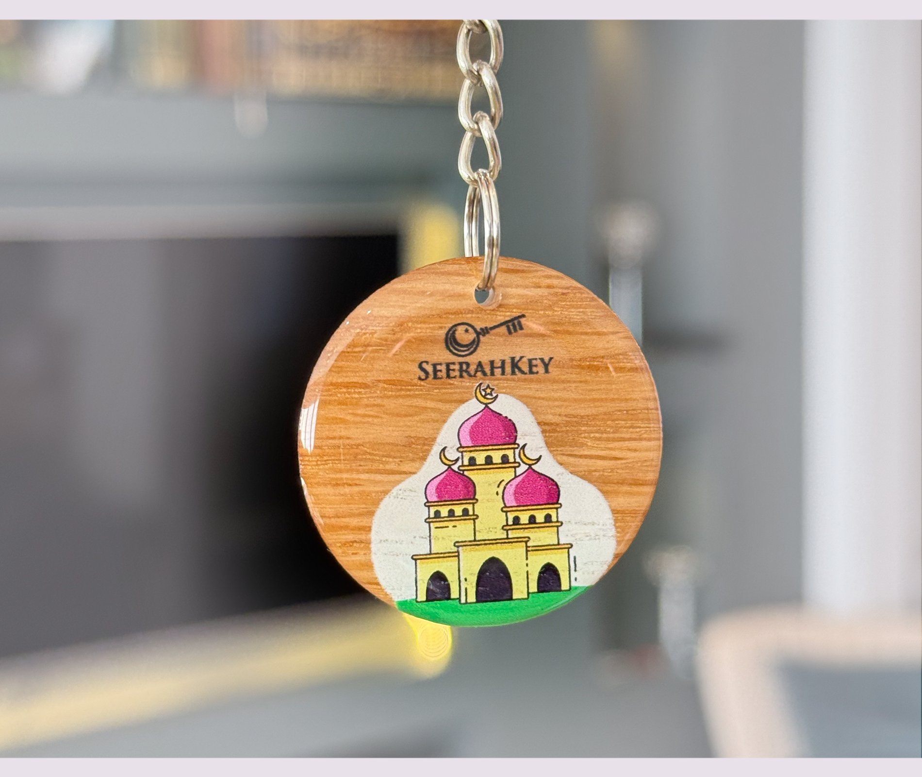 SeerahKey wooden keychain with mosque illustration